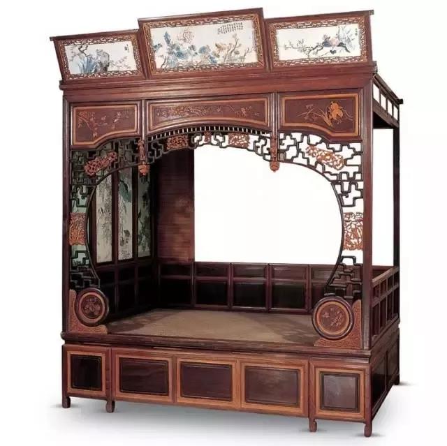 民國 紅木嵌黃楊花卉人物架子床