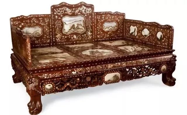 清 紅木鑲大理石羅漢床