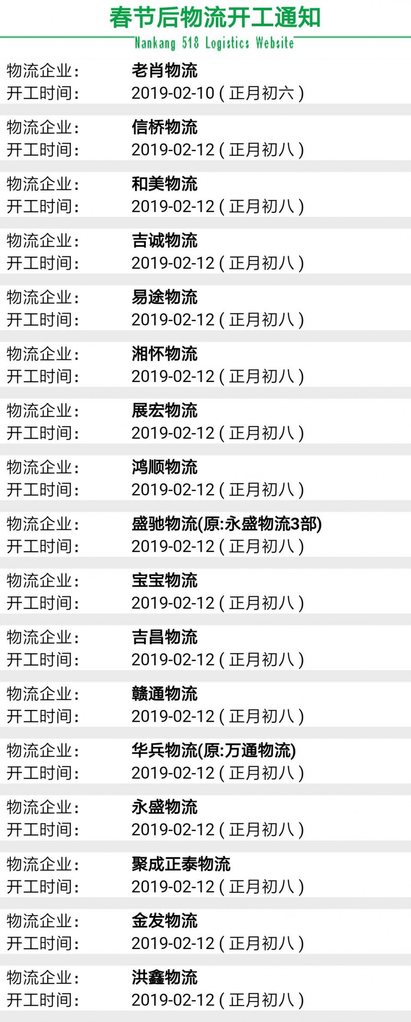南康物流2019春節(jié)后開工時間表