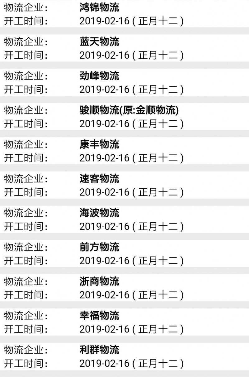 南康物流2019春節(jié)后開工時間表12
