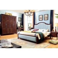 木佰創美式家具：胡桃色美式壓紋床069#（藍皮豎條）