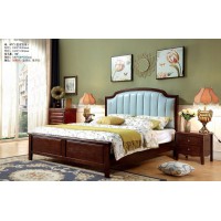 木佰創(chuàng)美式家具：胡桃色美式壓紋床071#（藍(lán)皮豎條）