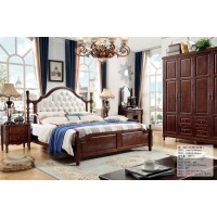 木佰創美式家具：胡桃色美式壓紋床021#（珍珠白拉扣）