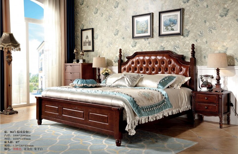 胡桃色美式壓紋床061#（棕皮拉扣）