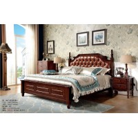 木佰創(chuàng)美式家具：胡桃色美式壓紋床061#（棕皮拉扣）