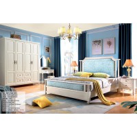 木佰創(chuàng)美式家具：象牙白美式壓紋床068#（淺藍(lán)毛絨）