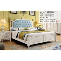 木佰創美式家具：象牙白美式壓紋床018#（淺藍拉扣）