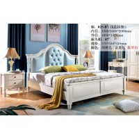 木佰創美式家具：象牙白美式壓紋床025-B#（淺藍拉扣）