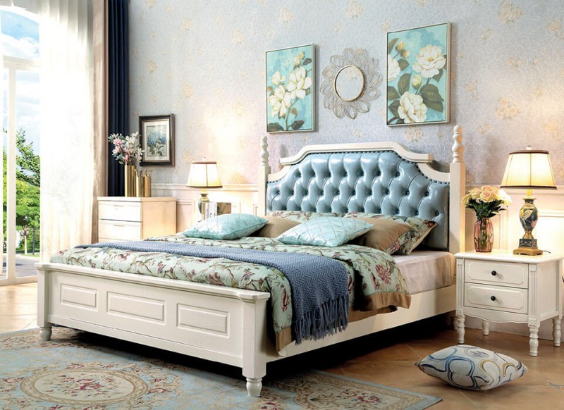 象牙白美式壓紋床061#（淺藍拉扣）