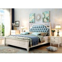 木佰創美式家具：象牙白美式壓紋床061#（淺藍拉扣）