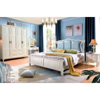 木佰創(chuàng)美式家具：象牙白美式壓紋床075#（淺藍(lán)皮）