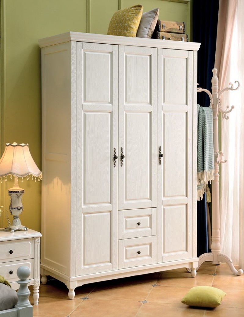 象牙白美式壓紋三開門衣柜01#
