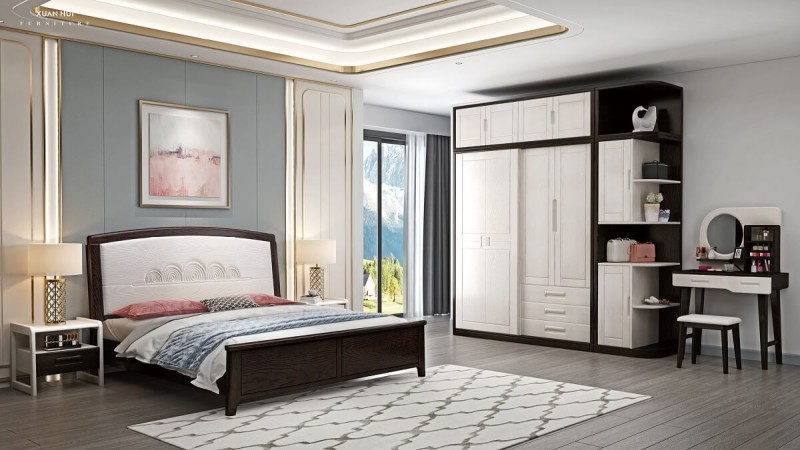 宣輝家具臥室系列床XH826#（黑紫檀+米白色）