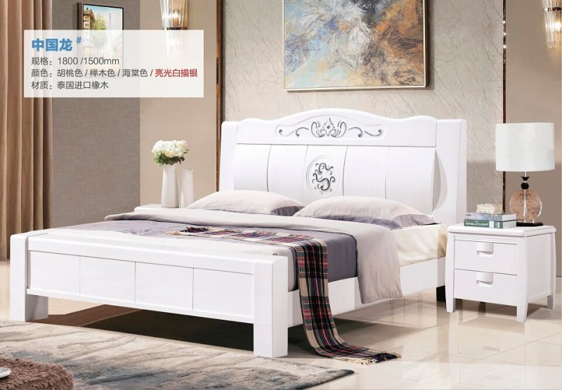 俊豐家具：橡木床中國龍#（亮光白描銀）