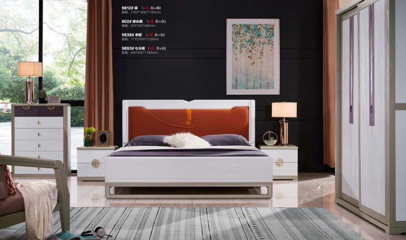 致青春現代輕奢實木系列9812#床（A色 白+橘）