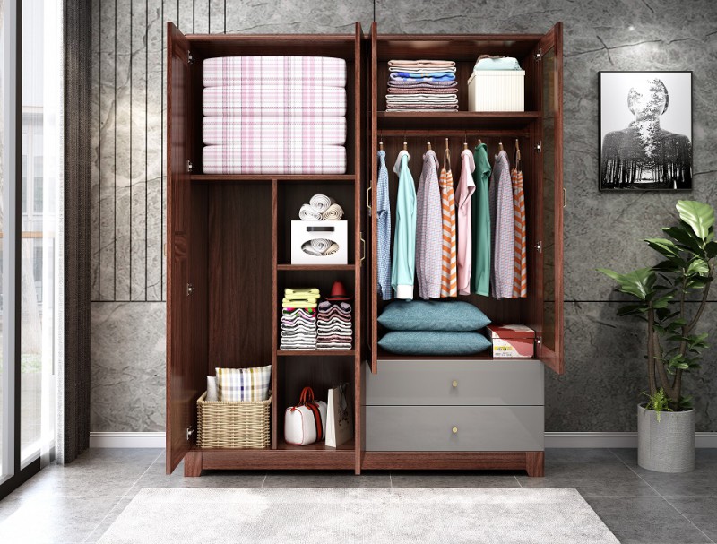 現代輕奢胡桃木四門衣柜A819內部結構圖