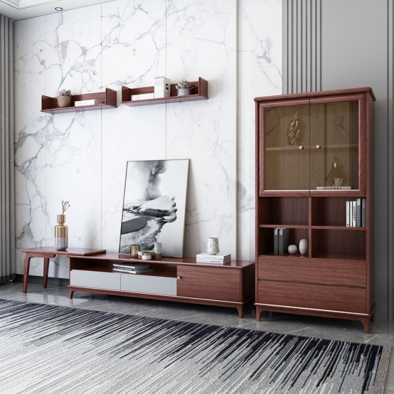 現(xiàn)代輕奢胡桃木伸縮電視柜A809、高柜A807