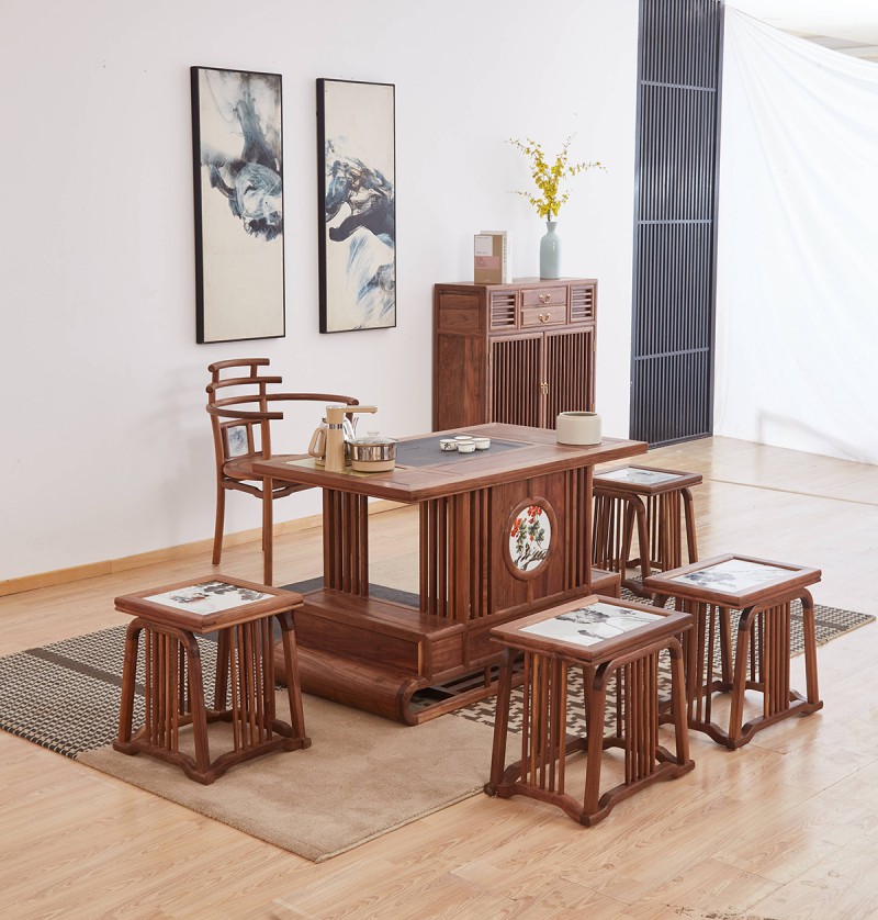 新中式禪意北美黑胡桃木CM301#茶桌、CM05#主椅、CM09#長條凳、CM10#方凳