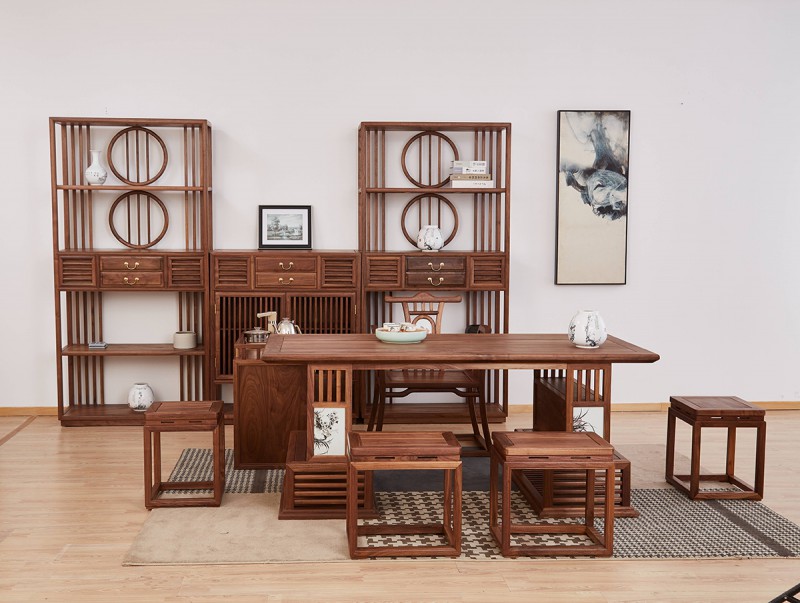 菲百年新中式禪意北美黑胡桃木CM308#方桌、CM20#茶水柜、CM03#主椅、CM13#長條凳、CM12#方凳