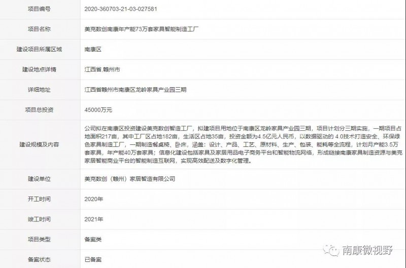 美克數創落戶南康龍嶺家具產業園三期