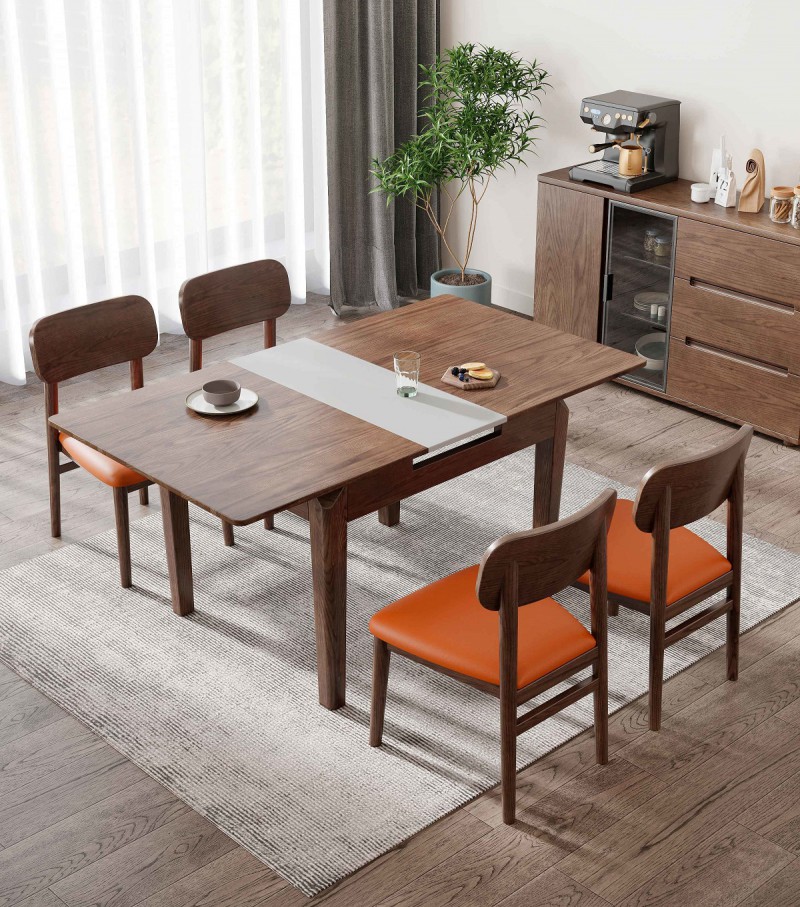 L291#拉伸方臺（胡桃色）、L292#餐椅（圓腳）、L290#條凳