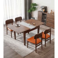 朗朝現代極簡白蠟木家具：L291#拉伸方臺（胡桃色）、L292#餐椅（圓腳）、L290#條凳