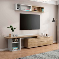 朗朝現代極簡白蠟木家具：L2822#拉伸電視柜（原木色）、L2860#吊柜