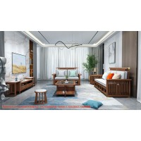 康優(yōu)寶輕奢新中式胡桃木家具：K6H89沙發(fā) 2+3位（A靠背欄桿前框薄墊）