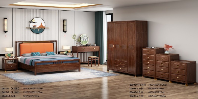 床C610、床頭柜CG603、四門衣柜BG605、斗柜DG602