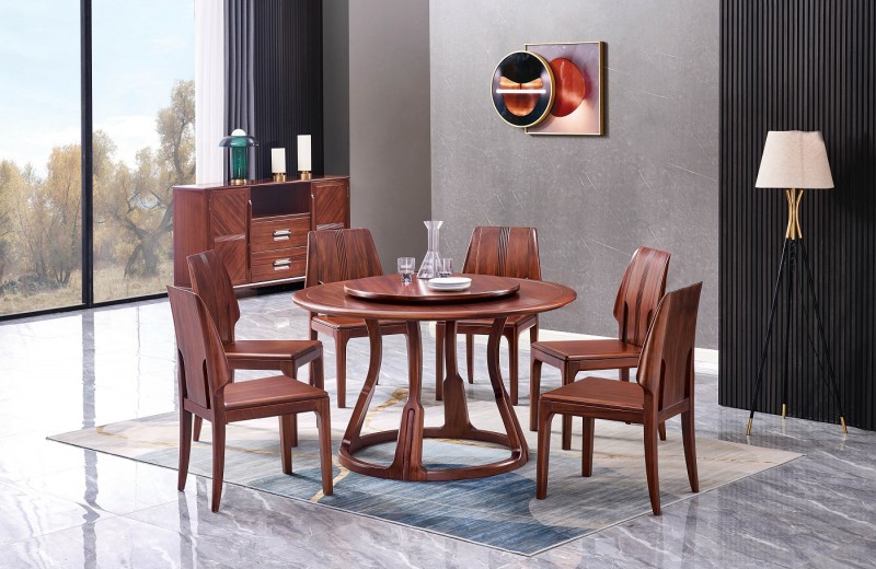 華夏國康卡迪婭輕奢極簡黃檀木家具：K501圓桌、K56餐椅、K800餐邊柜