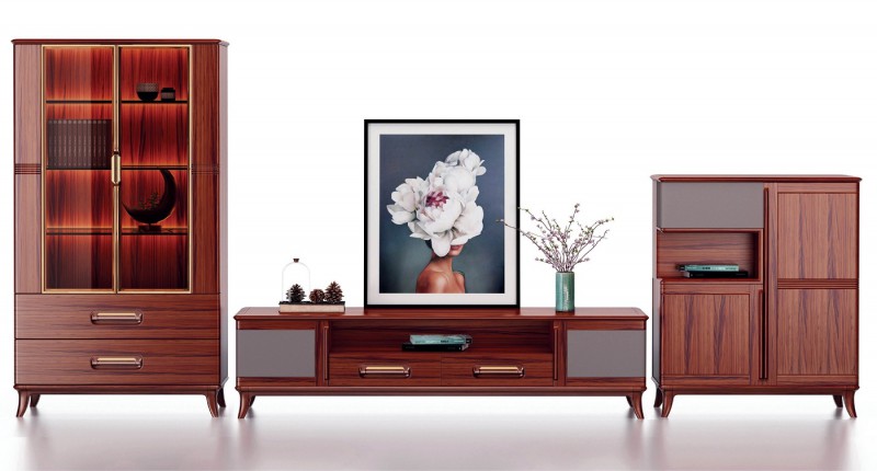 華夏國康卡迪婭輕奢極簡黃檀木家具：K801高柜、K601電視柜、K801低柜