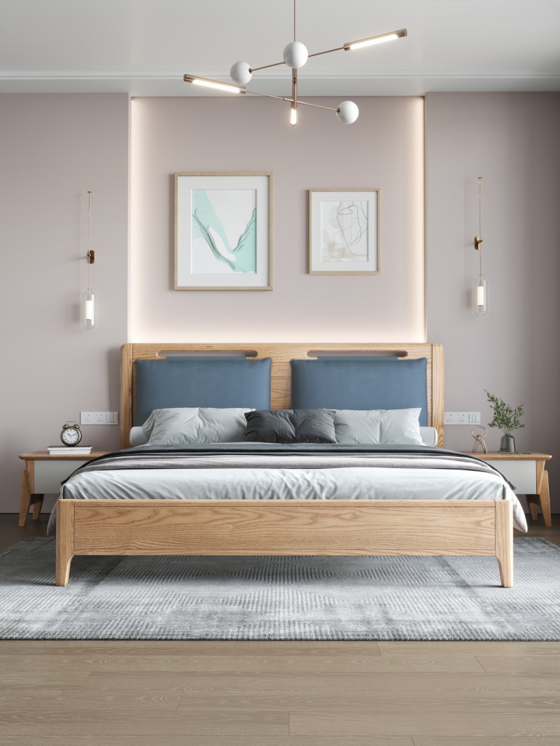 匠者白蠟木系列家具：JD-601床軟包款原木色