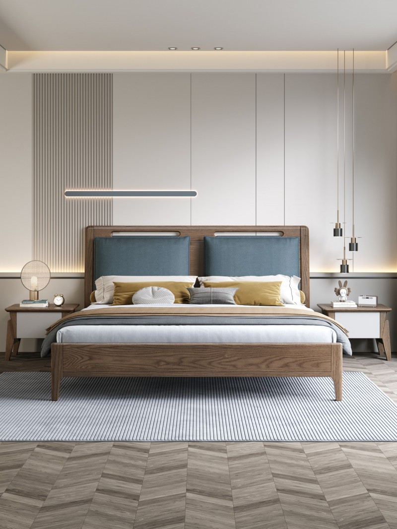 匠者白蠟木系列家具：JD-601床軟包款胡桃色