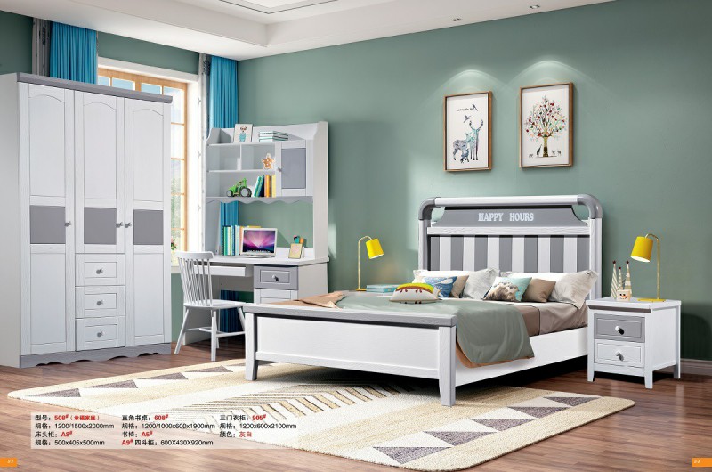 青少年兒童實木床508#（幸福家庭）灰白