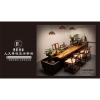 墨匠創意人文景觀流水茶桌,南康胡桃木、老榆木、烏金木風水茶臺,江西茶室、辦公室流水桌定制廠家