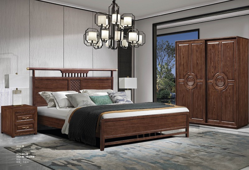 新中式烏金木床353#、床頭柜363#、兩門(mén)推拉衣柜342#