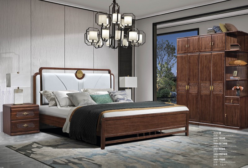 新中式烏金木床355#、床頭柜266#、四門衣柜348#、轉角柜349#、頂轉角柜349#、頂箱柜349#