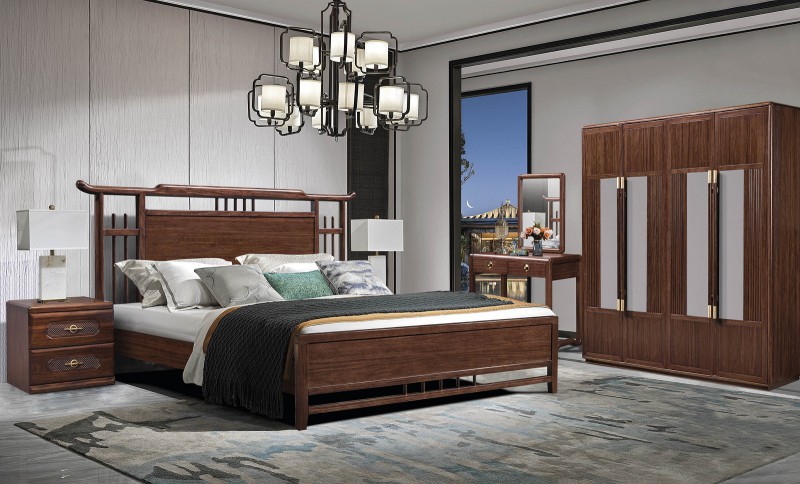 新中式烏金木床359#、床頭柜266#、四門衣柜246#、妝臺08#