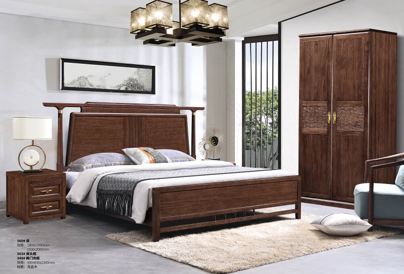 新中式烏金木床360#、床頭柜363#、兩門衣柜348#