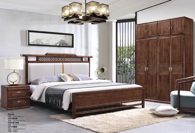 新中式烏金木床351#、床頭柜266#、四門衣柜348#、頂箱柜347#