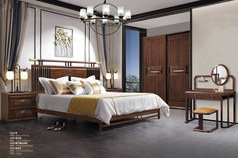新中式烏金木床352#、床頭柜266#、兩門(mén)推拉衣柜145#、梳妝臺(tái)161#