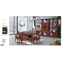 華軒家私古典新中式辦公·茶室空間,江西南康金花梨木、烏金木茶臺(tái)、博古架、班臺(tái)廠家