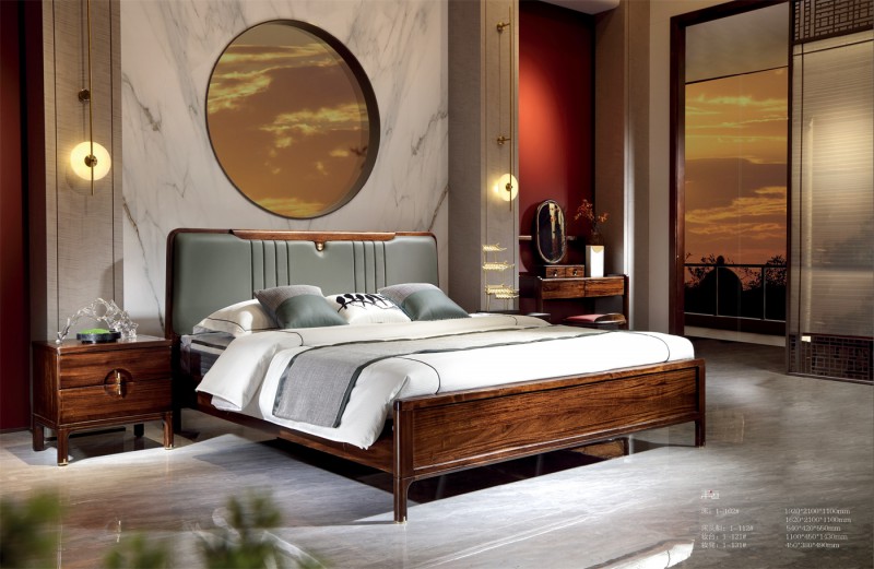 新中式床1-102#、床頭柜1-112#、妝臺(tái)1-121#、妝凳1-131#